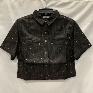 Cozy Co. Short Sleeve Denim Rhinestone Cropped Button Up Black